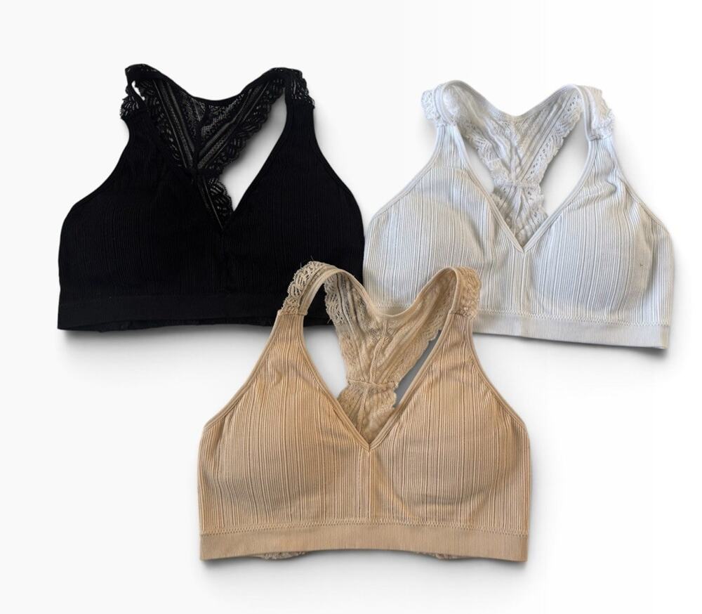 Anemone Ribbed Lace Racerback Bralette Women S/M LOT Of 3 Black White Tan #NE211
